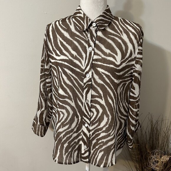 Alfred Dunner Animal Print Zebra Button Up Blouse Sheer Lined Brown Petite 12P - Picture 1 of 7